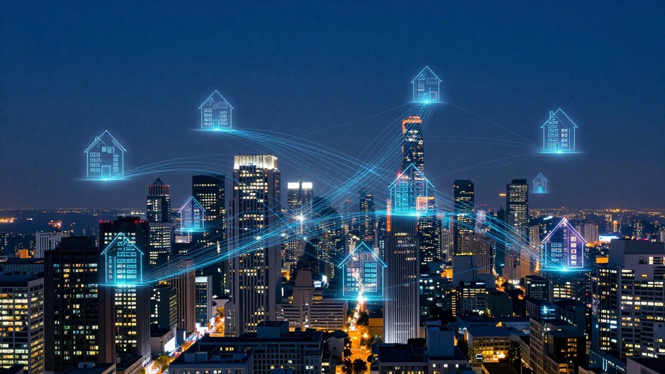 Cityscape with data streams and property shapes.