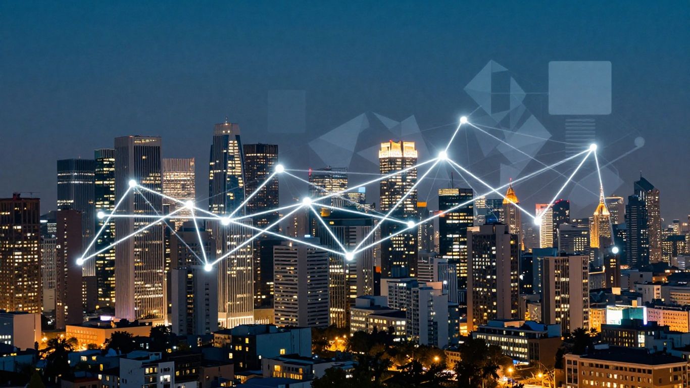 Cityscape with data connections, real estate opportunities.
