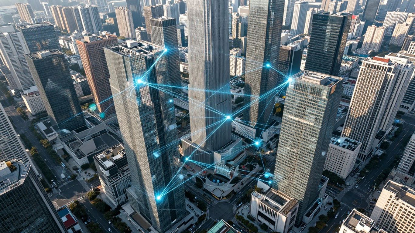 Modern cityscape with glowing data connections.