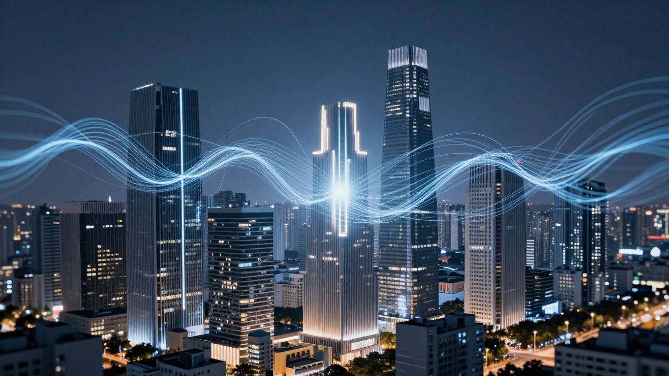 Cityscape with digital lines connecting buildings.