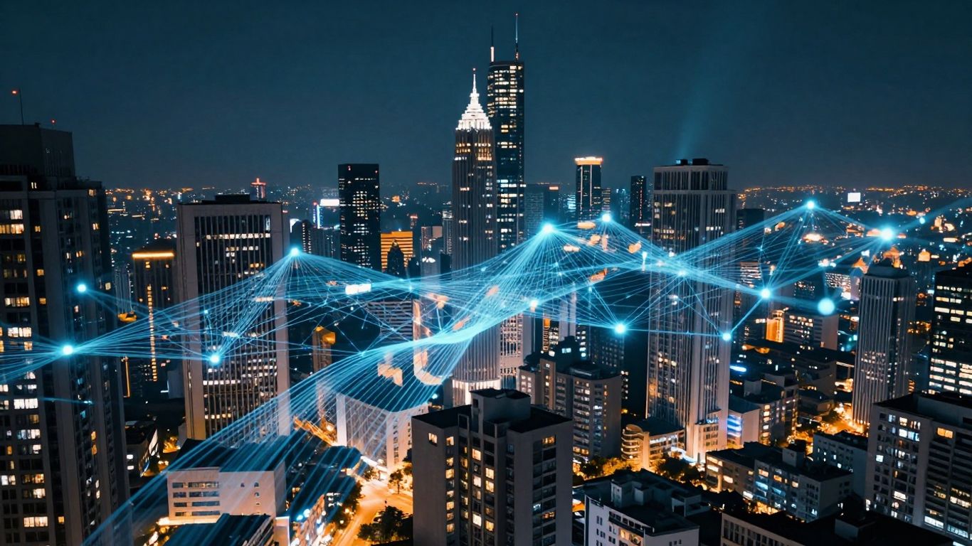 Cityscape with digital data streams connecting buildings.