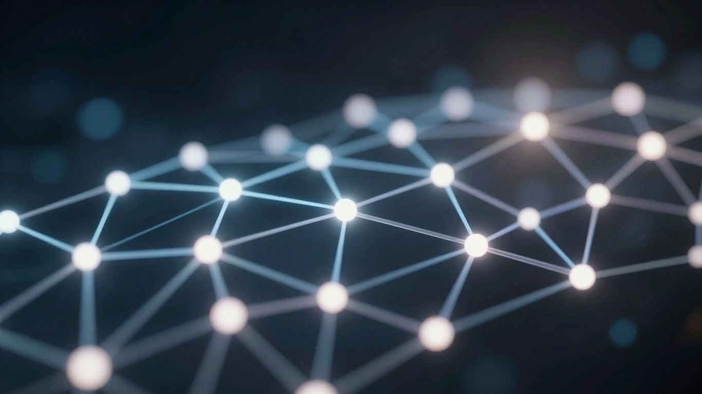Abstract data network visualization with glowing nodes and connections.