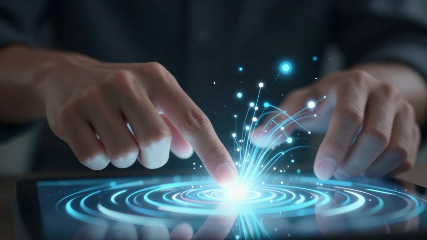 Hands interacting with a glowing digital data interface.