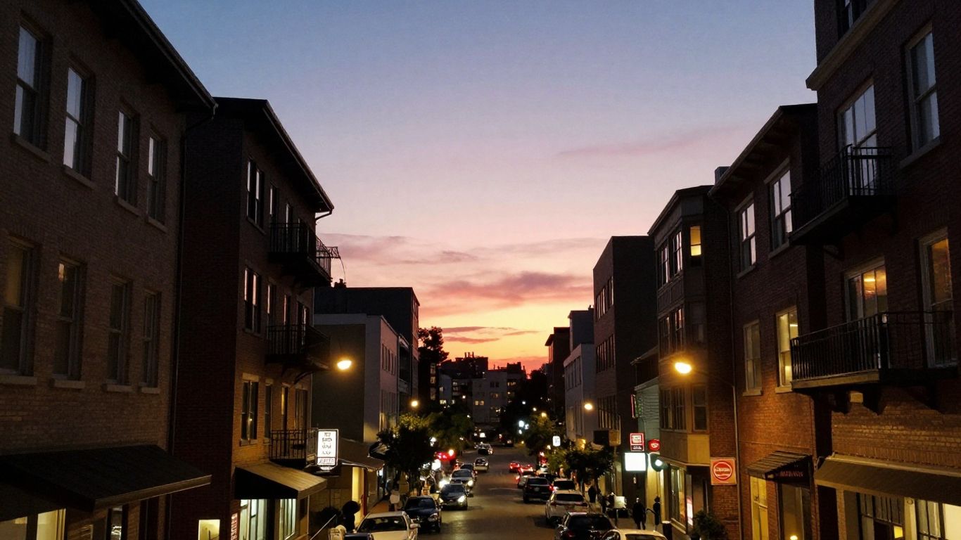 Cityscape at dusk with illuminated buildings and vibrant sky.