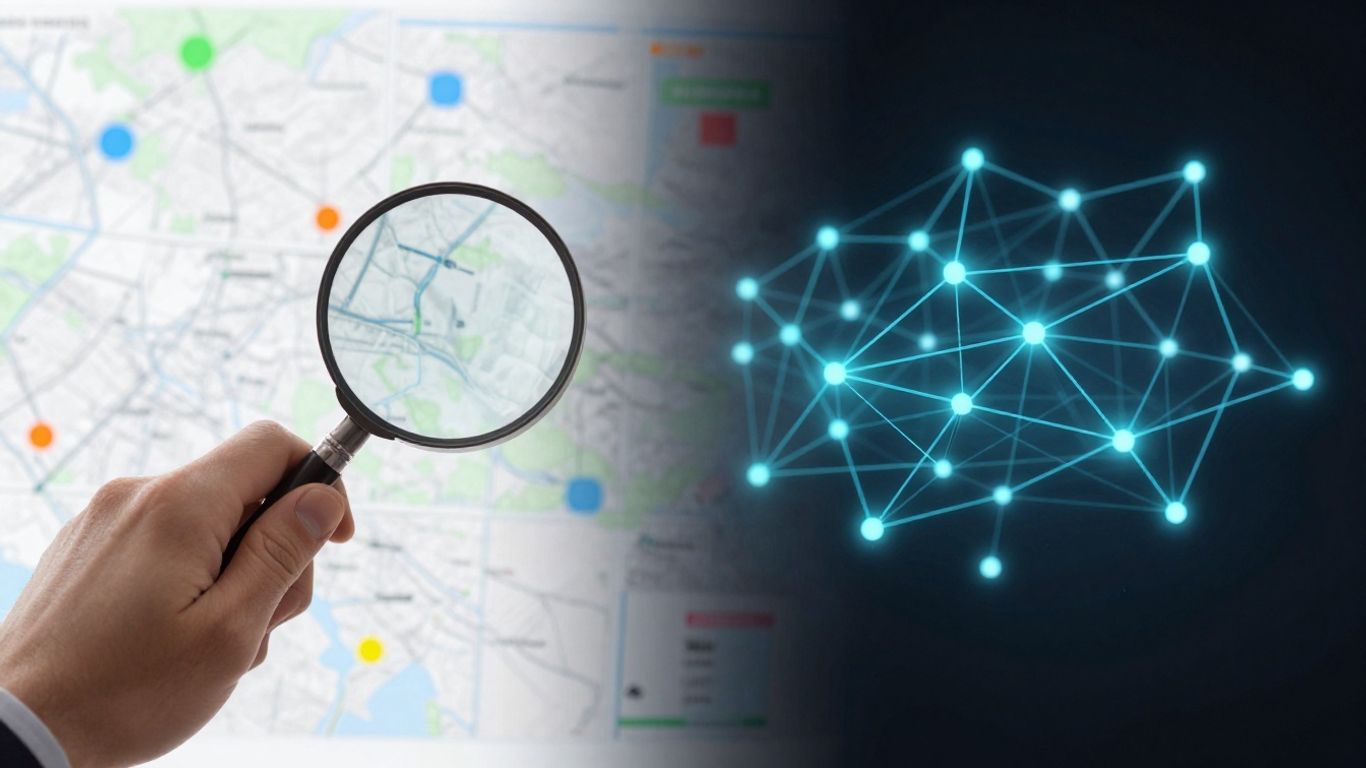 Data points on a map and a glowing network of nodes.