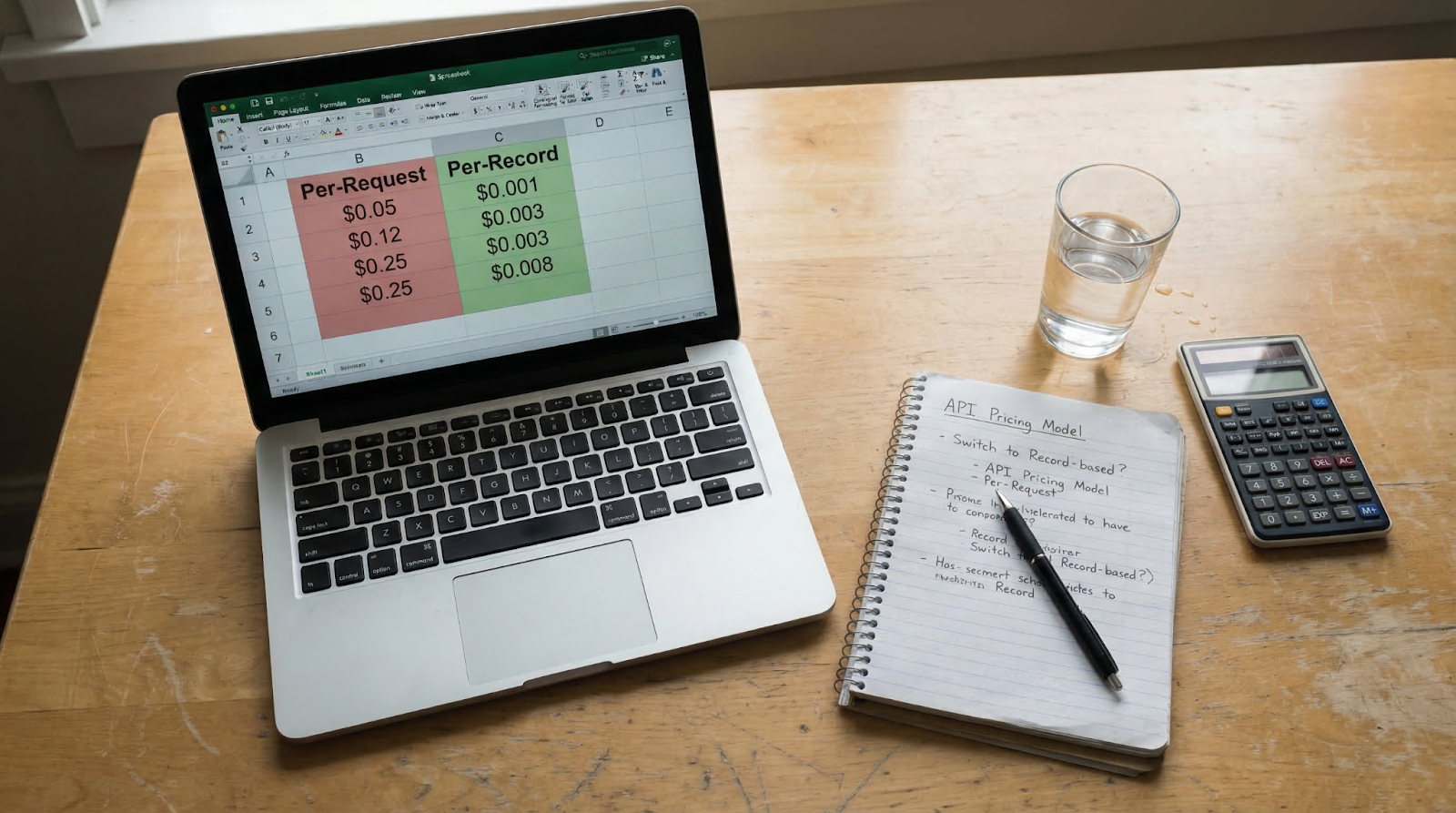 A startup founder comparing per-request vs. per-record API pricing costs on a laptop spreadsheet at a desk