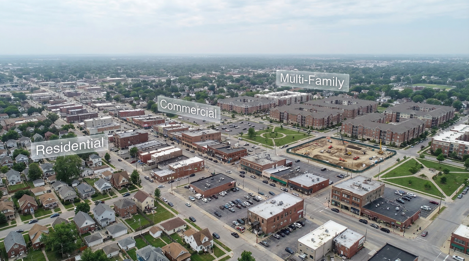 Aerial view of a U.S. city with residential, commercial, and multi-family property types labeled across a single geographic area