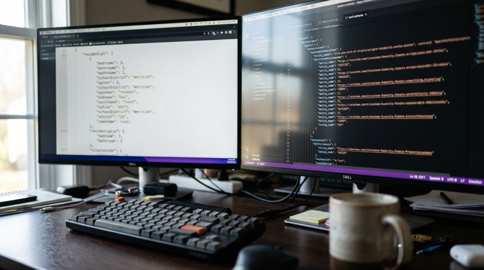 Developer's dual monitors showing residential and commercial property API schema differences side by side