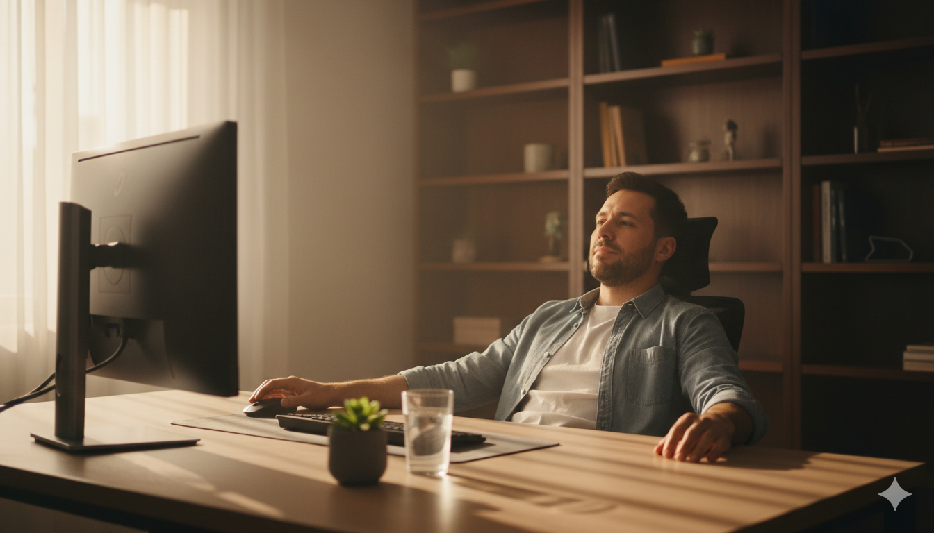 Developer relaxed at a clean home office desk with a softly glowing monitor, representing the ease of a well-structured data pipeline