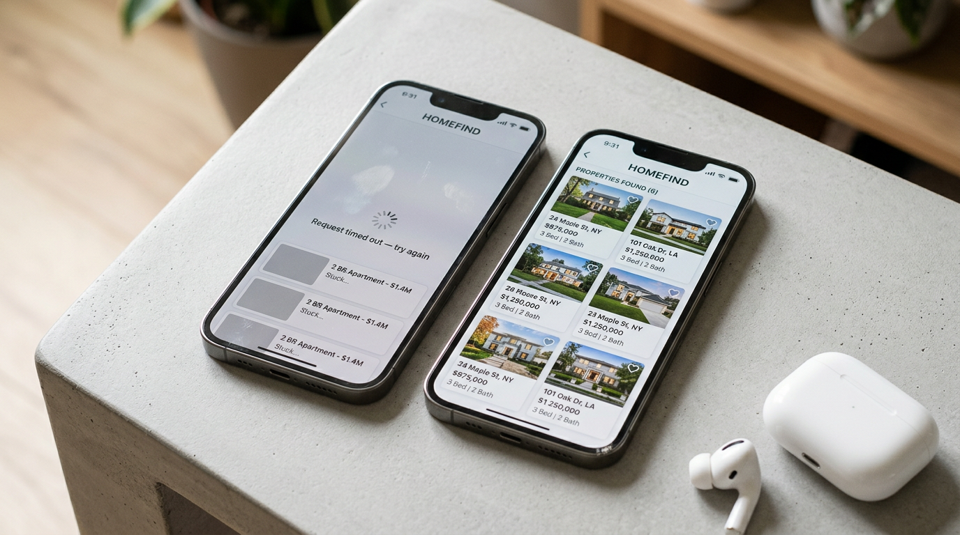 Two smartphones side by side showing a rate-limited property search returning an error versus a fully loaded listing results page