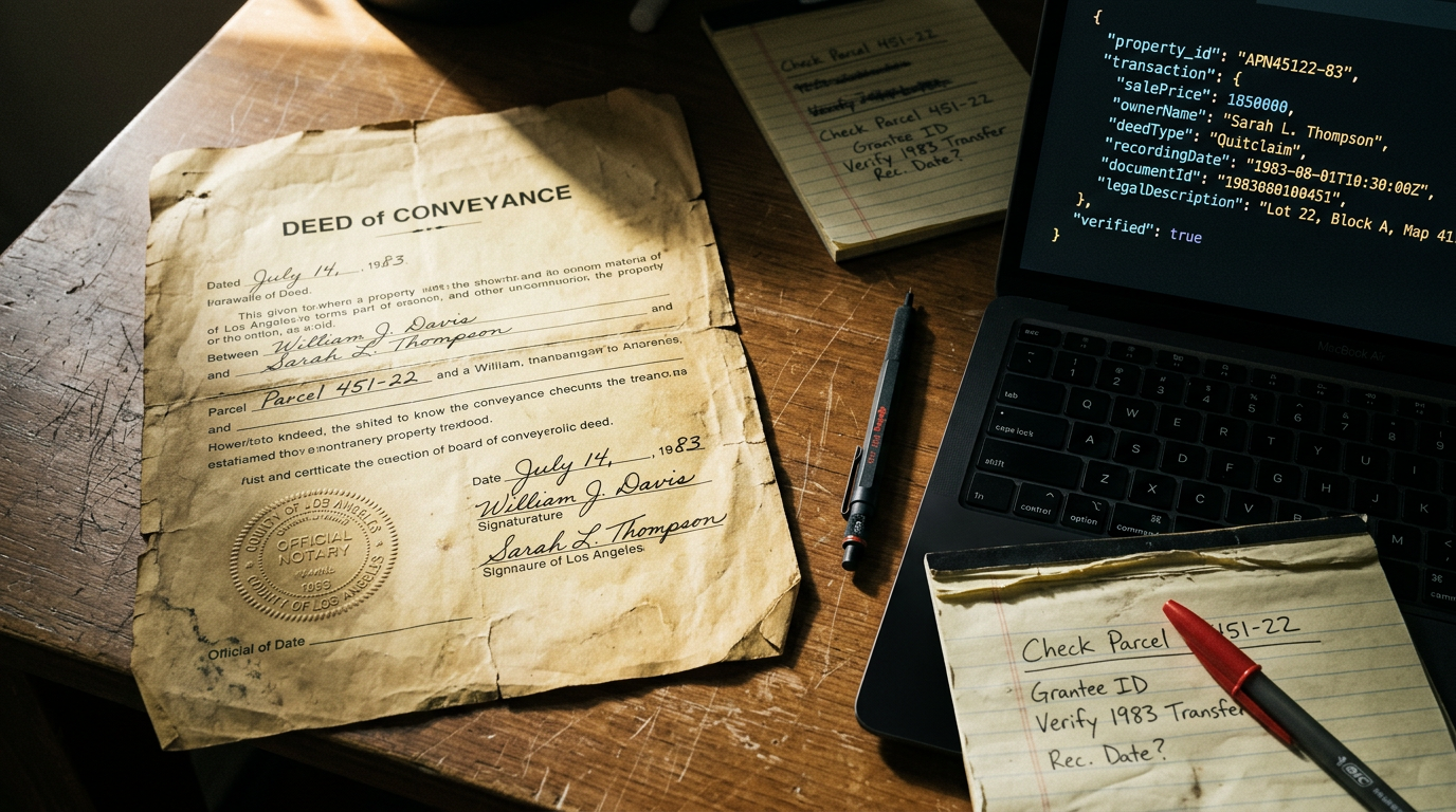 Physical property deed alongside a laptop showing structured transaction data in a JSON API response