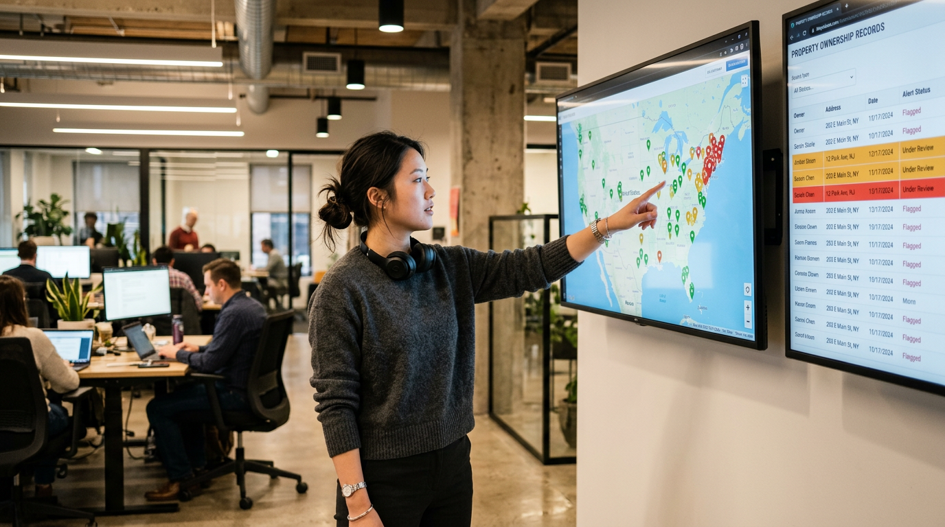 Risk analyst reviewing flagged property ownership records on a large U.S. coverage map display
