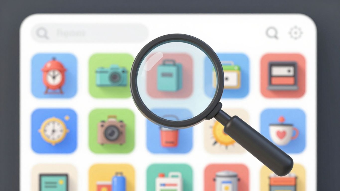 Magnifying glass over product icons, modern interface.