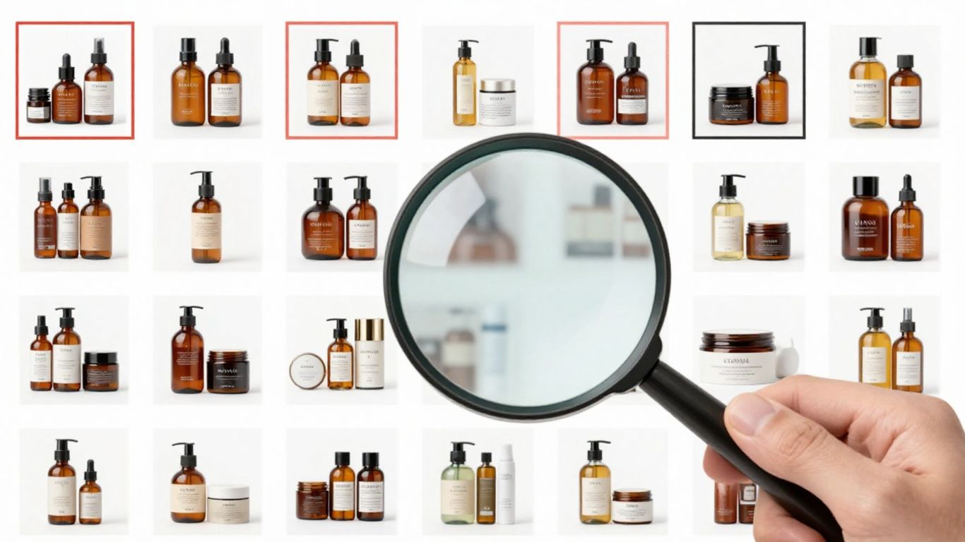 Digital product catalog with magnifying glass over item.