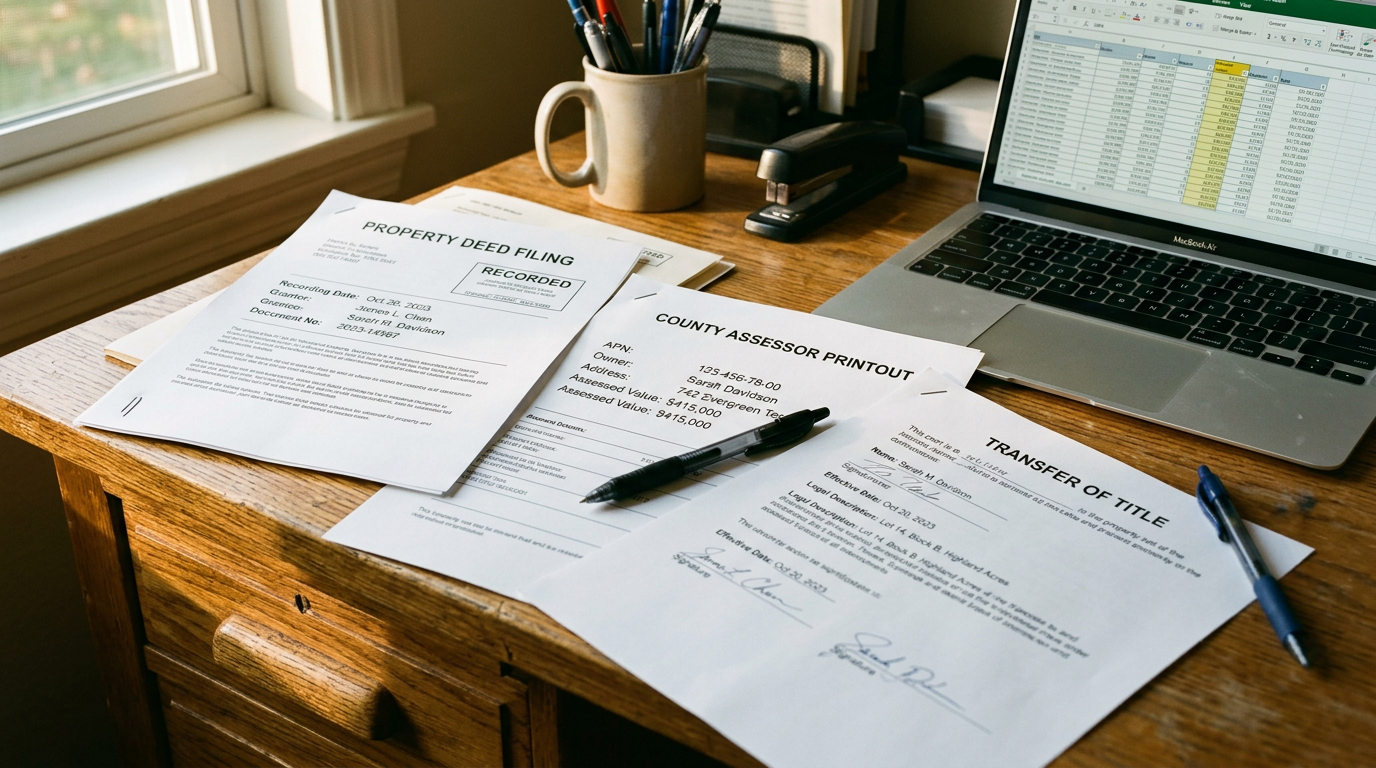 Physical property deed and county recorder documents spread on a desk alongside a laptop, representing public record sourcing for real estate transaction data