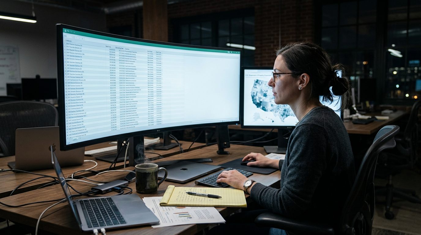 Data analyst reviewing bulk real estate transaction records on a large curved monitor showing property data fields