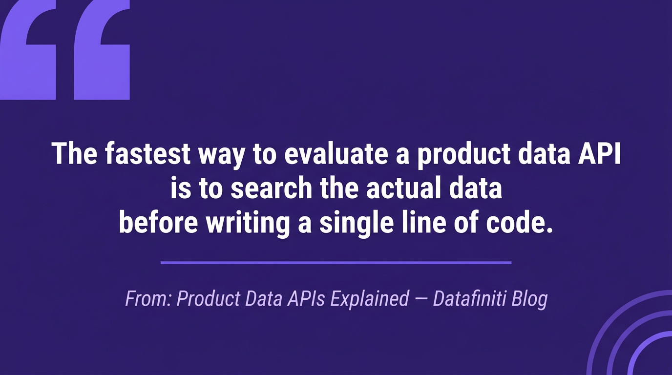 Pull quote infographic: "The fastest way to evaluate a product data API is to search the actual data before writing a single line of code.