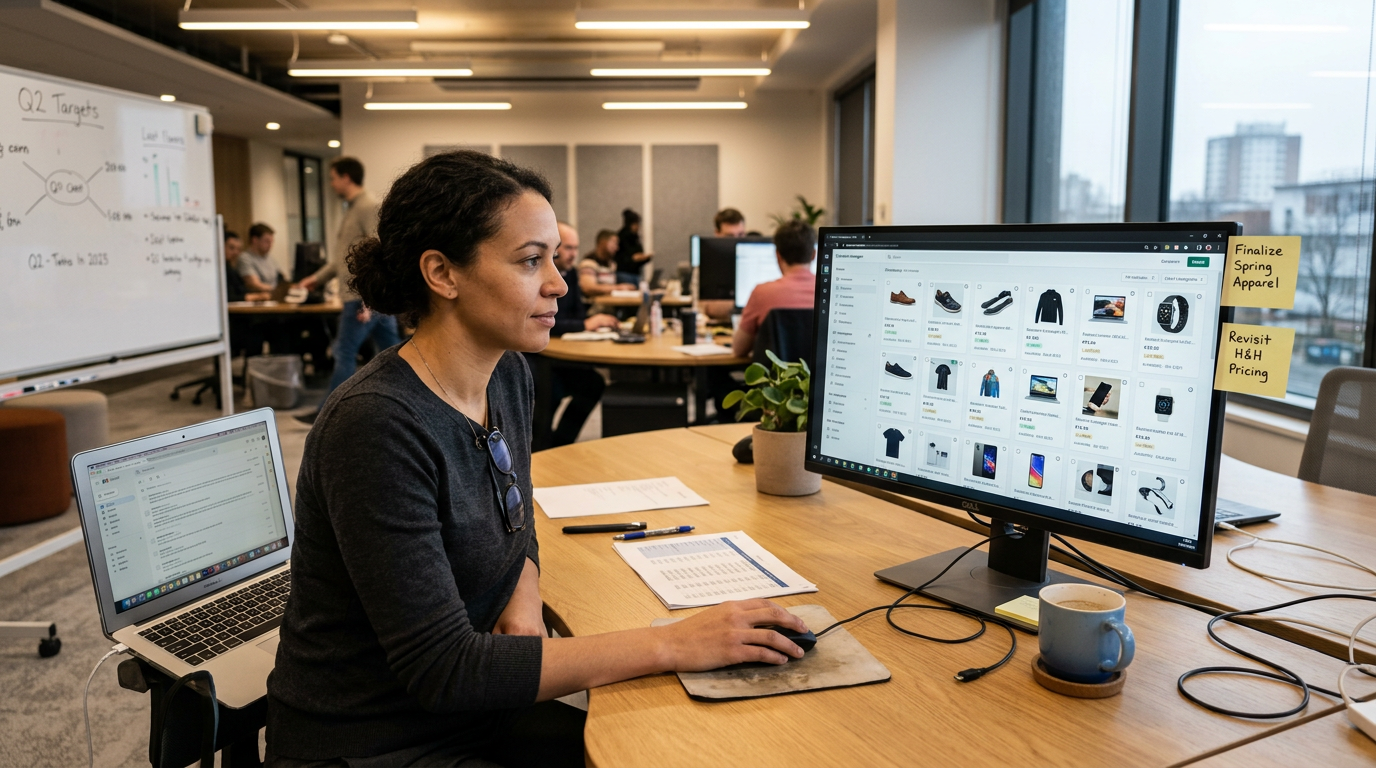 Ecommerce category manager reviewing a product catalog interface on a large monitor in a modern retail tech office