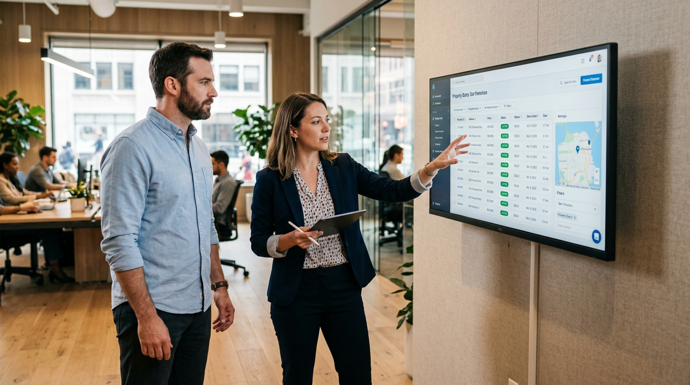 Two professionals reviewing a property data API dashboard together on a large office monitor