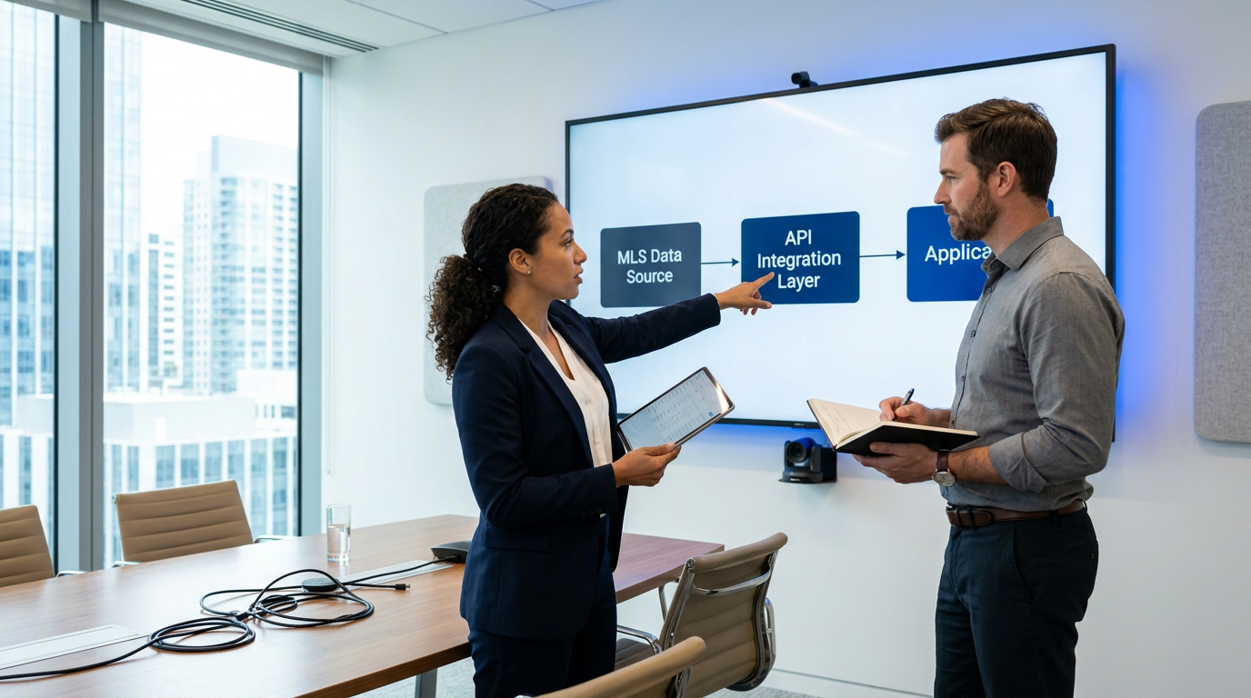 Two developers reviewing a real estate API integration architecture diagram in a conference room