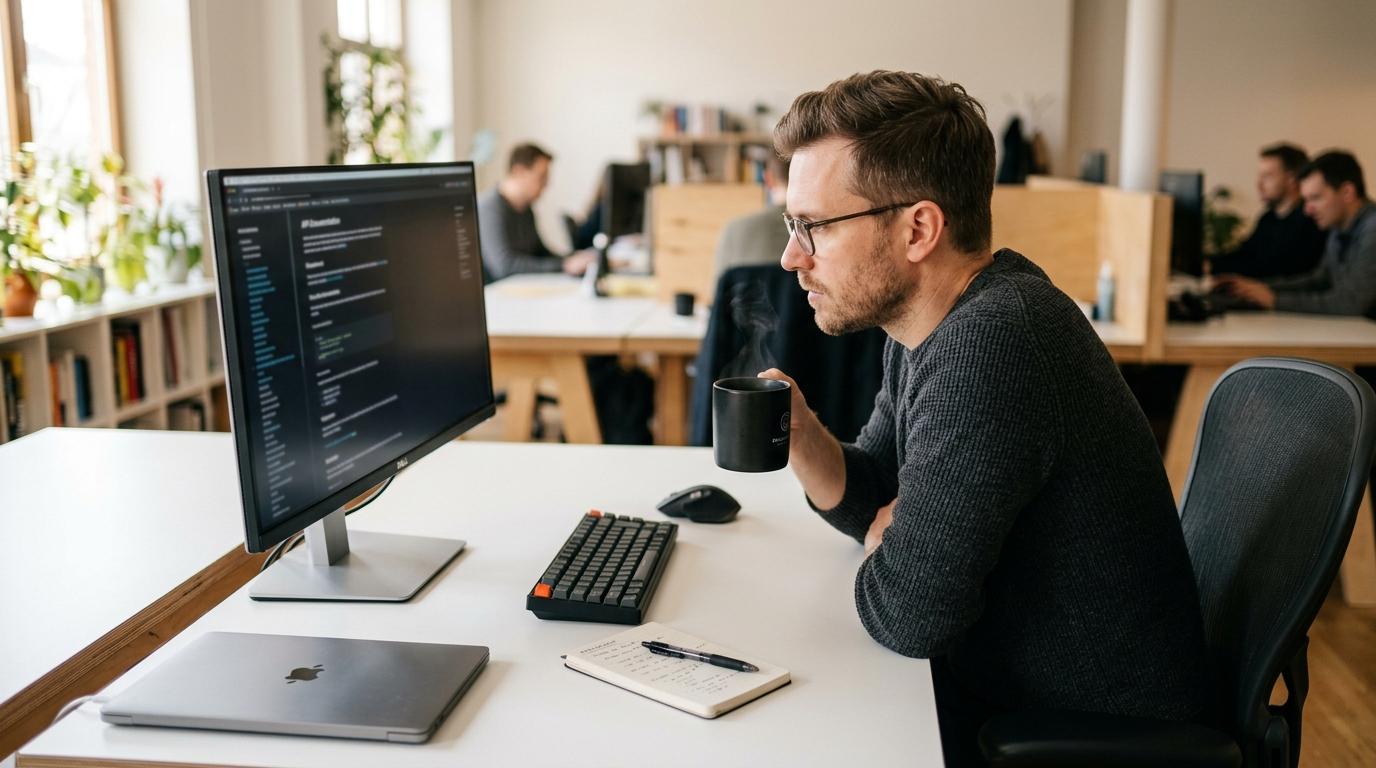 Developer reviewing MLS API documentation and JSON schema on a large monitor