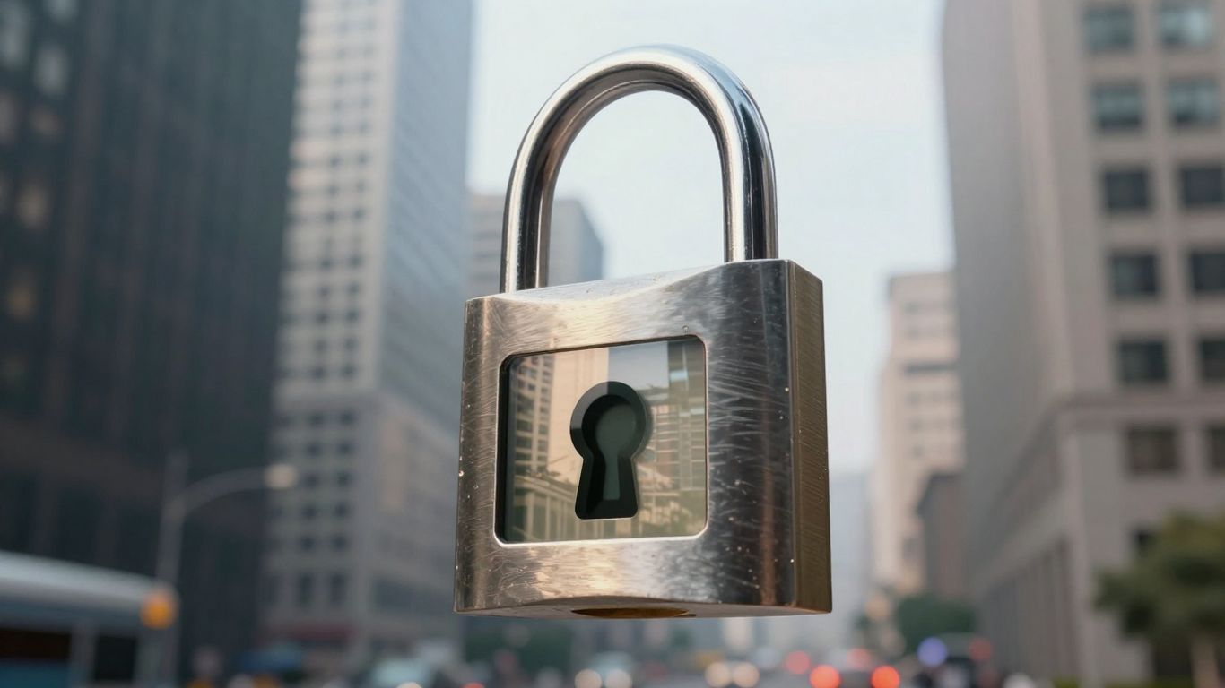 Digital padlock integrated into a cityscape