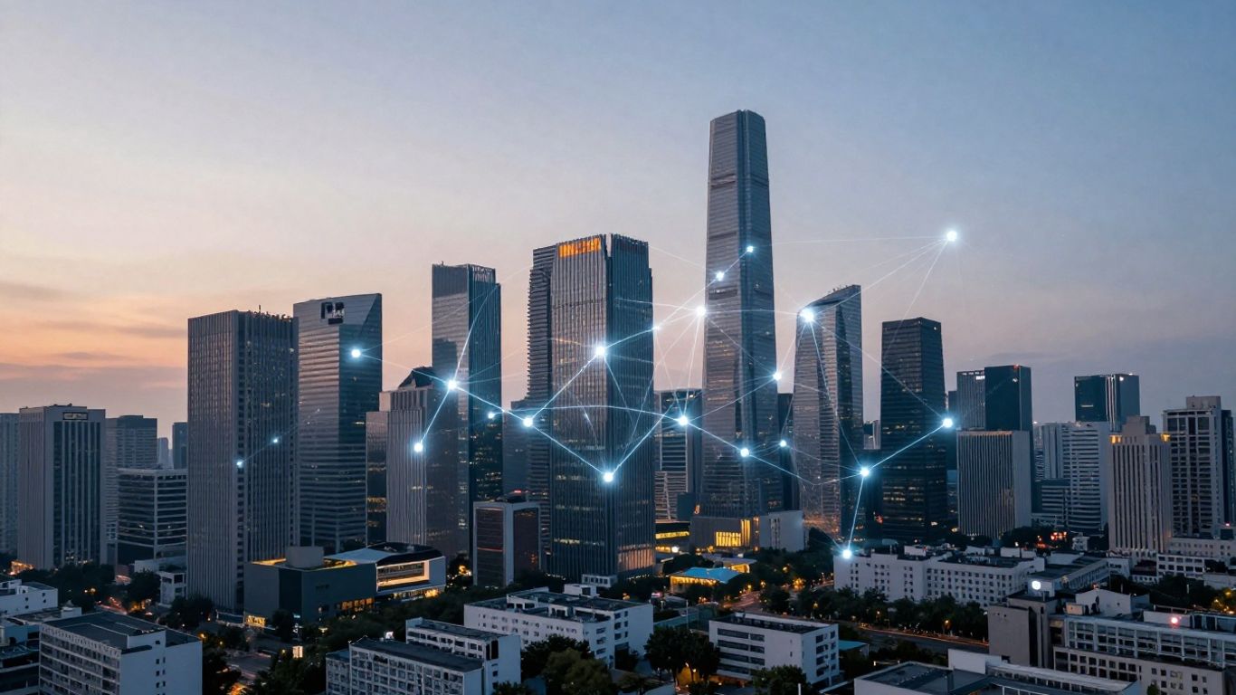 Digital network connecting cityscape for real estate.
