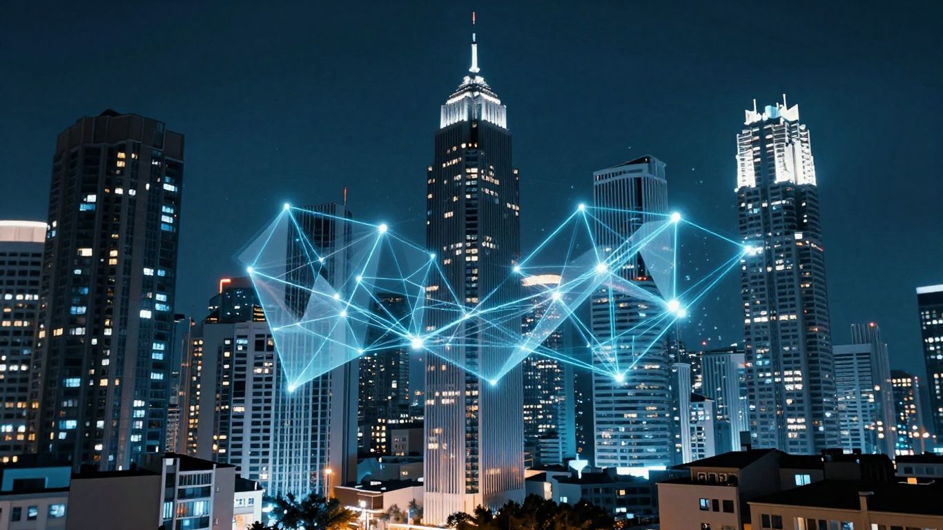 Cityscape with digital connections, data flow, and connectivity.