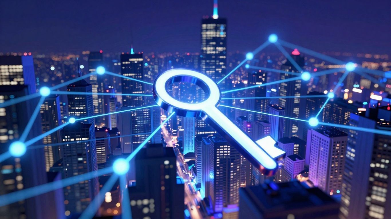 Digital cityscape with data connections and a keyhole.