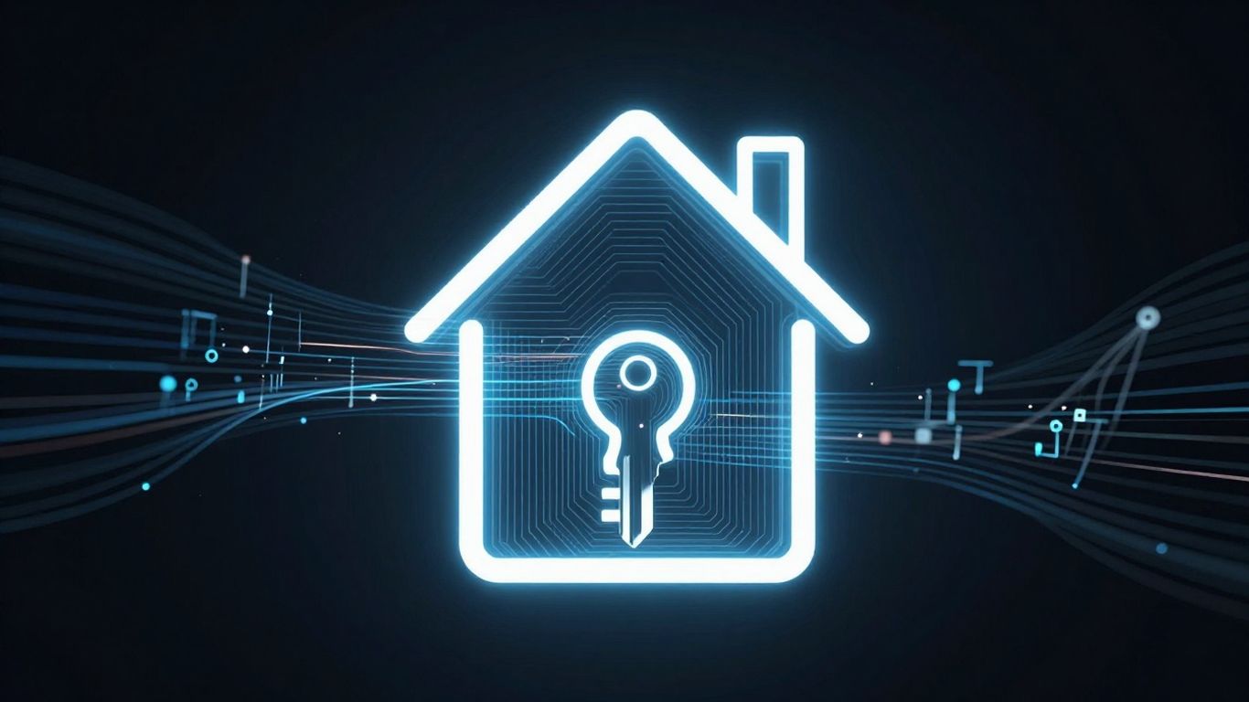 Digital key unlocking a glowing house icon with data streams.