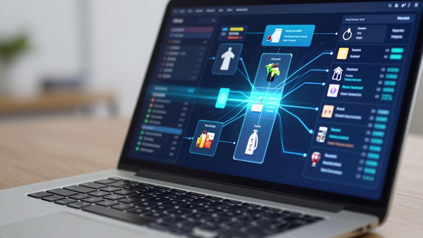 Real-time product data flow on a laptop screen.