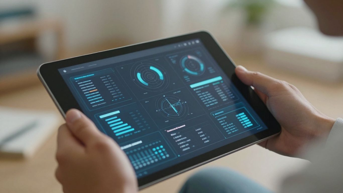 Hands holding tablet with abstract data visualizations.