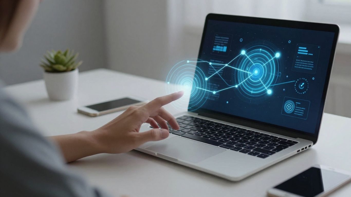 Product data API interface on a laptop screen.