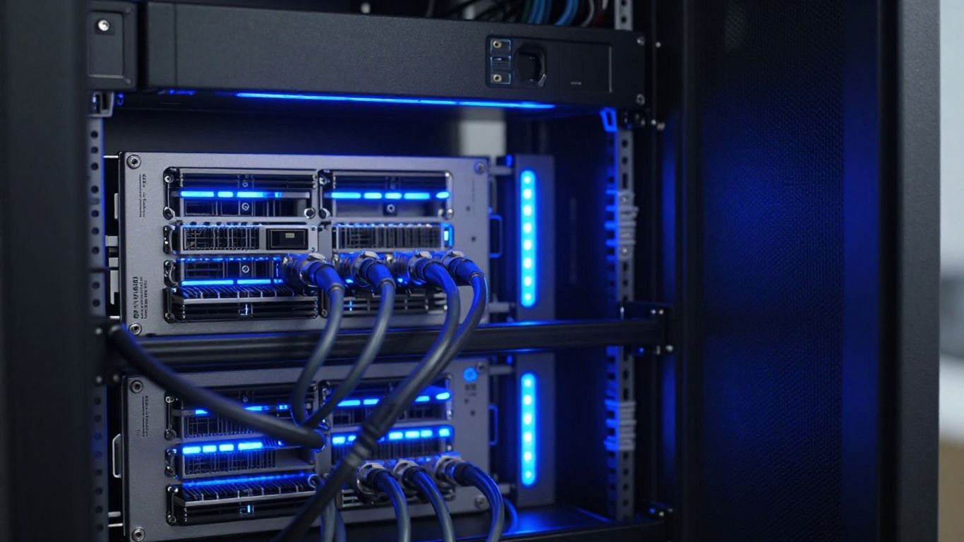 Server rack with glowing lights and cables