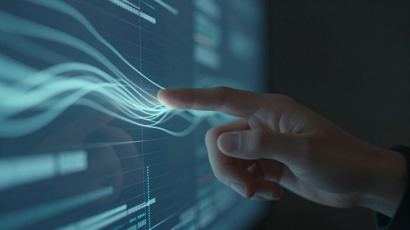 Hands interacting with digital data streams.