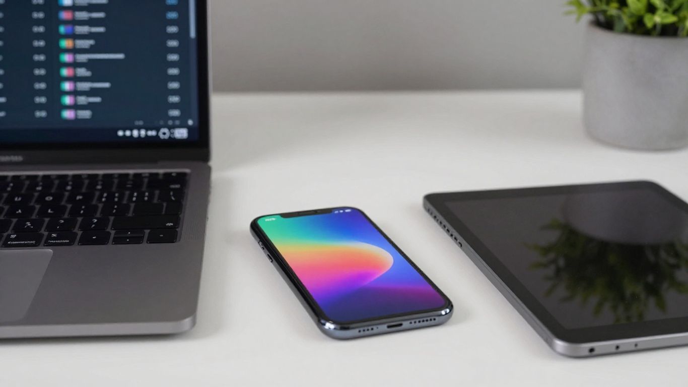 Desk with laptop, smartphone, and tablet.