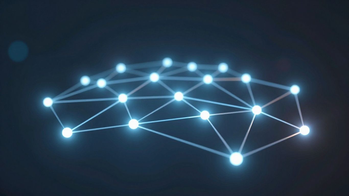 Digital network with glowing data points and light flares.