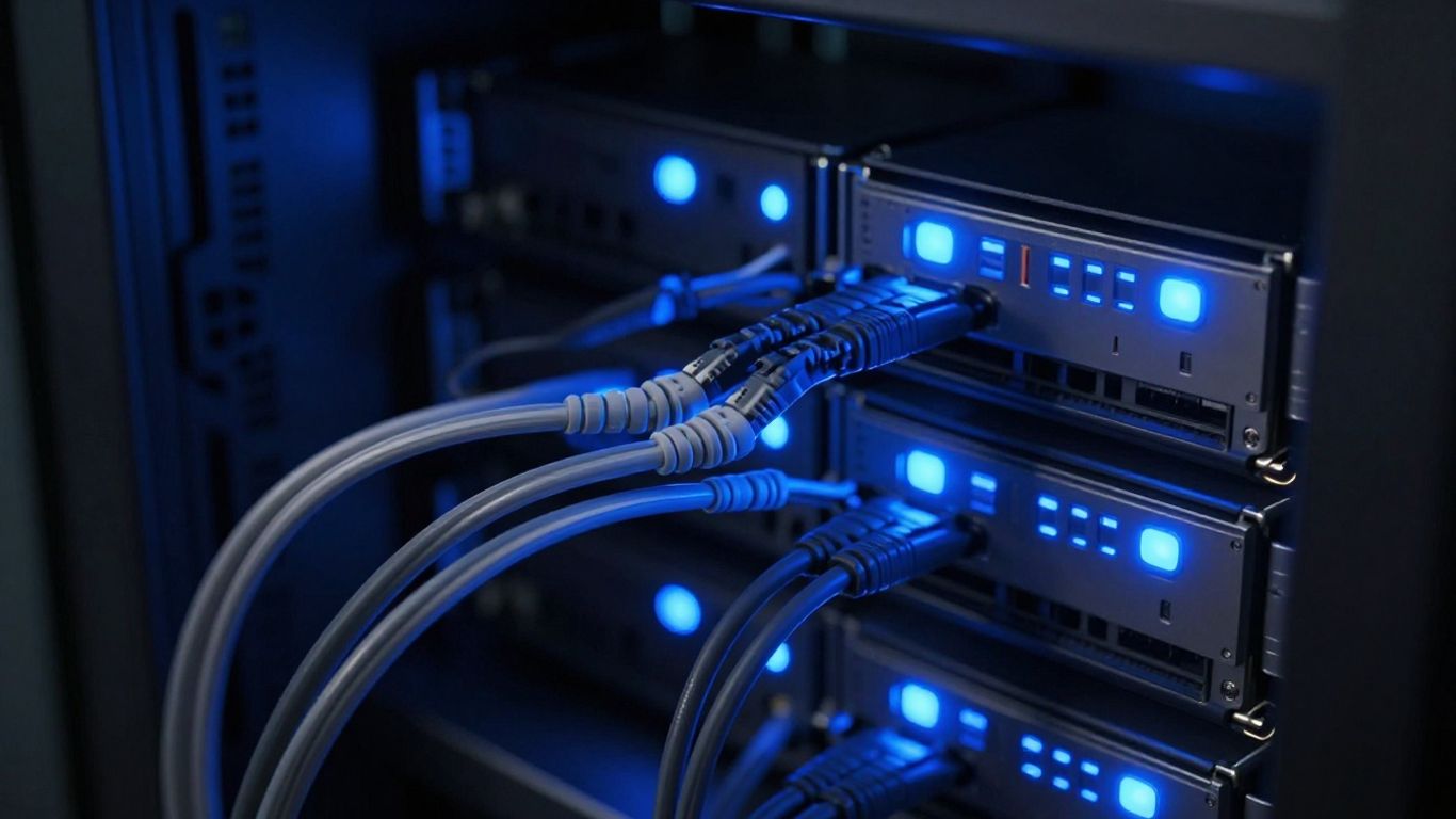 Server rack with glowing blue lights and interconnected cables.