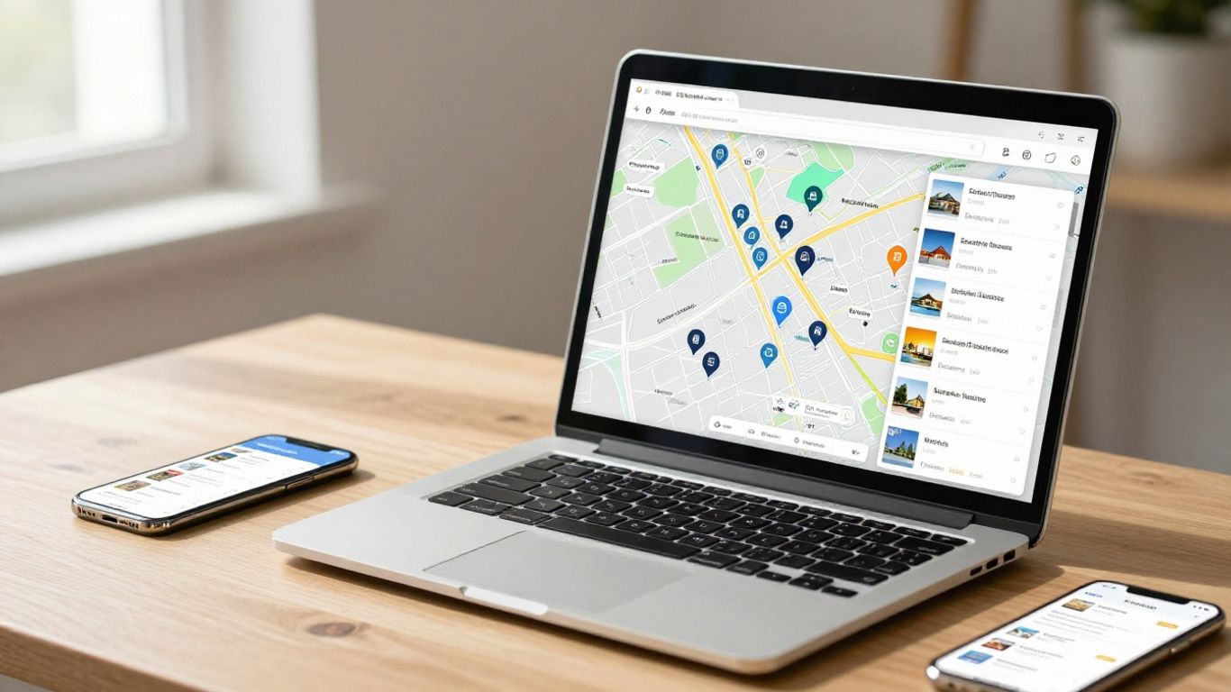 Laptop and phone displaying real estate listings.