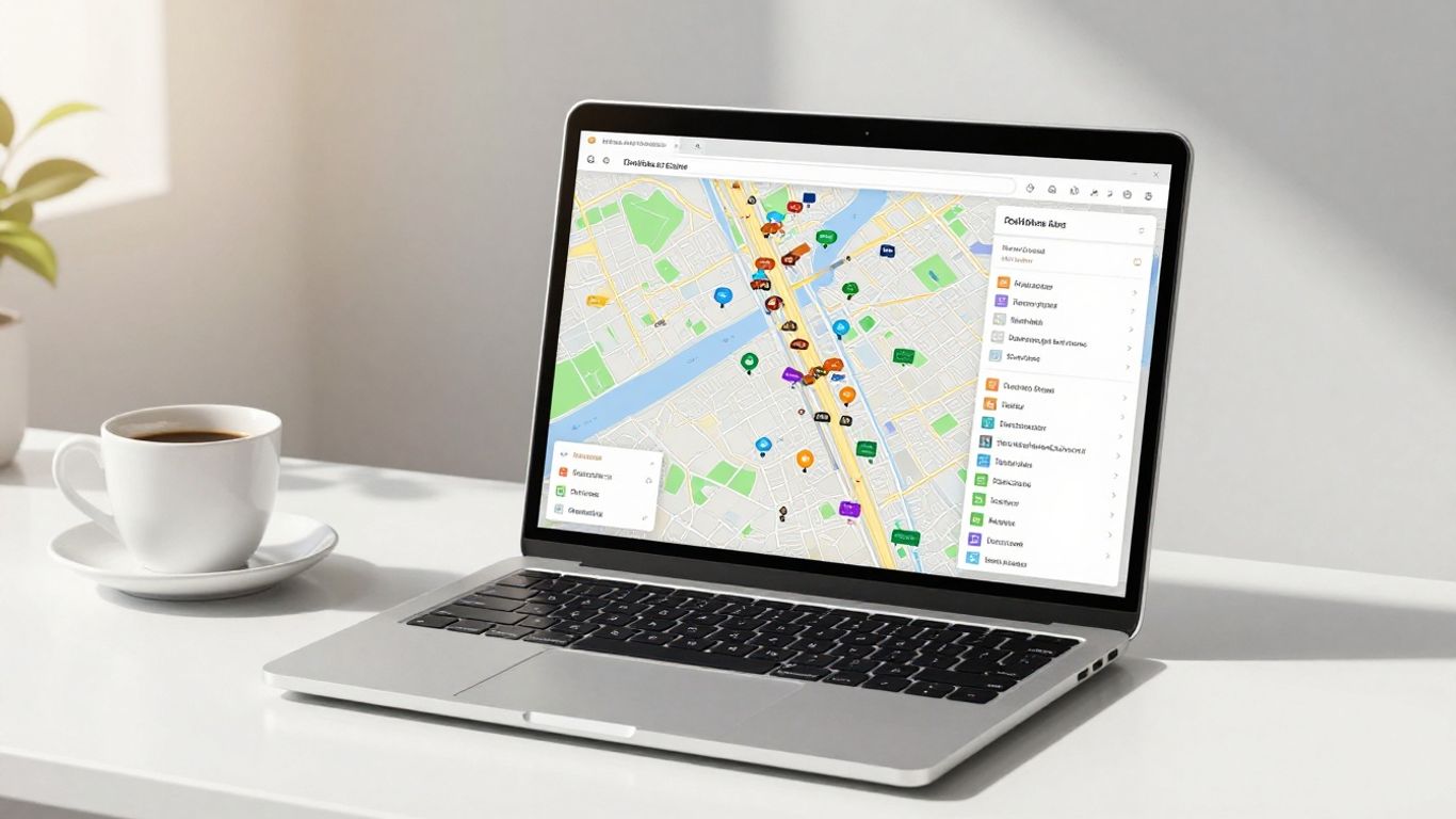 Laptop showing real estate map with property markers.