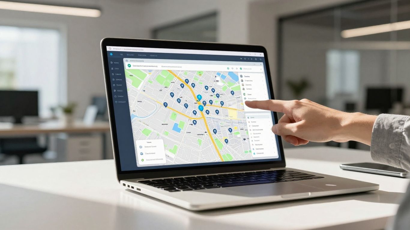 Real estate listings map on a laptop screen.