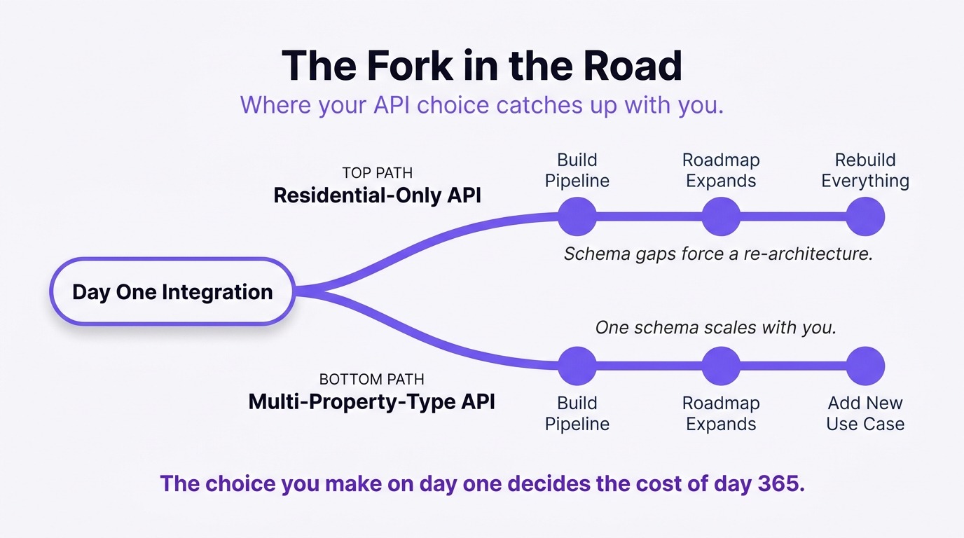 Diverging-path infographic showing the consequences of choosing a residential-only API versus a multi-property-type API as a product roadmap expands