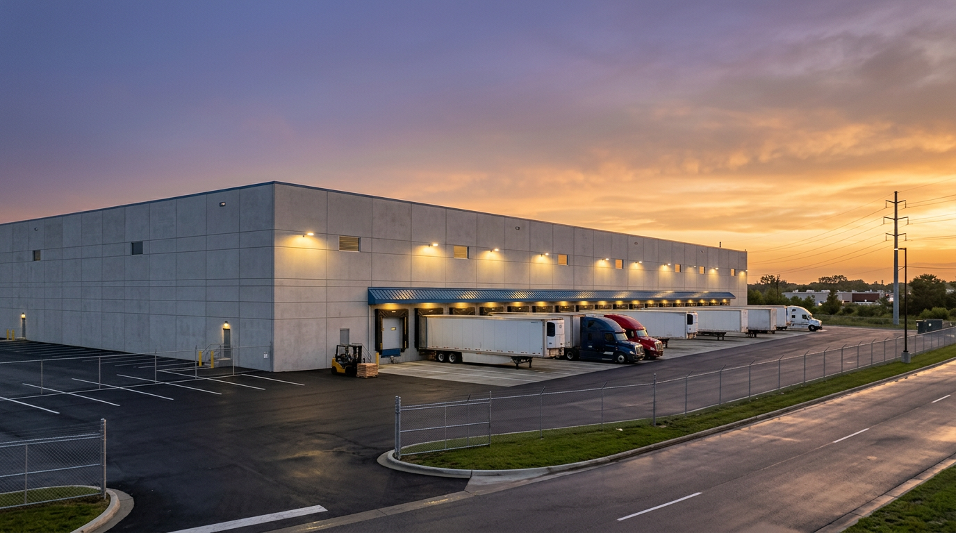 Modern industrial distribution warehouse at dusk with loading docks, illustrating the industrial property data segment