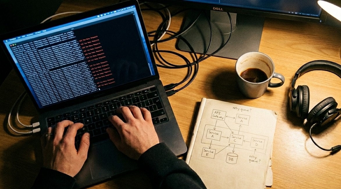 Overhead view of a backend engineer's desk with terminal logs showing HTTP 429 errors and handwritten retry queue sketches