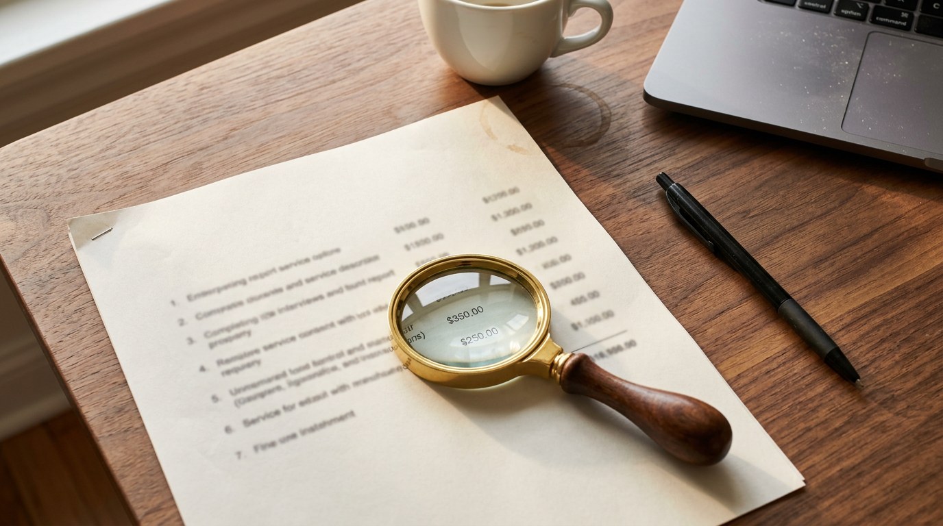 Close-up of a magnifying glass examining line items on a printed invoice resting on a wood desk, with a pen and coffee cup nearby