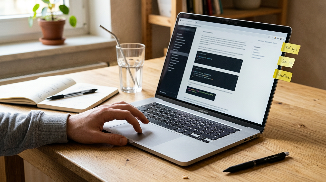Close-up of a developer reviewing API documentation on a laptop with sticky notes flagging key sections.