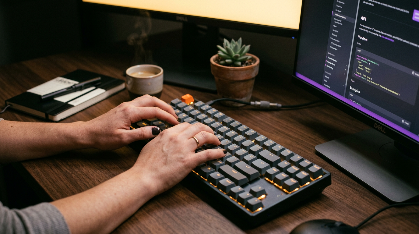 Close-up of developer hands typing on a mechanical keyboard with API documentation visible on adjacent monitor