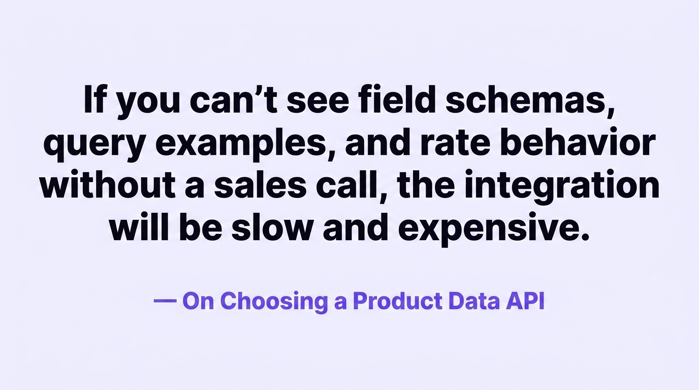 Pull quote infographic about choosing a product data API based on documentation transparency