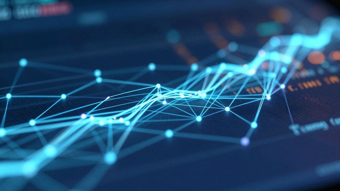Digital data streams and nodes on a computer screen.