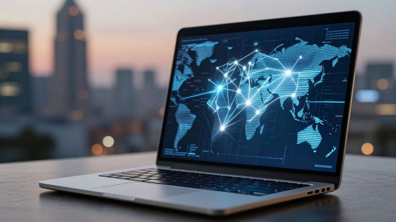 Laptop showing data streams and cityscape.